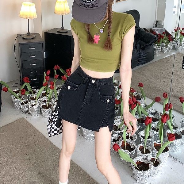 Jiashucheng Chân Váy Denim Xẻ Tà Lưng Cao Thời Trang Mùa Hè Cho Nữ