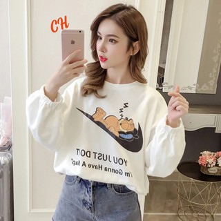  Áo thun chun tay dài mèo ngủ ngáy dáng Unisex form rộng bo tay bo gấu phong cách Ulzzang