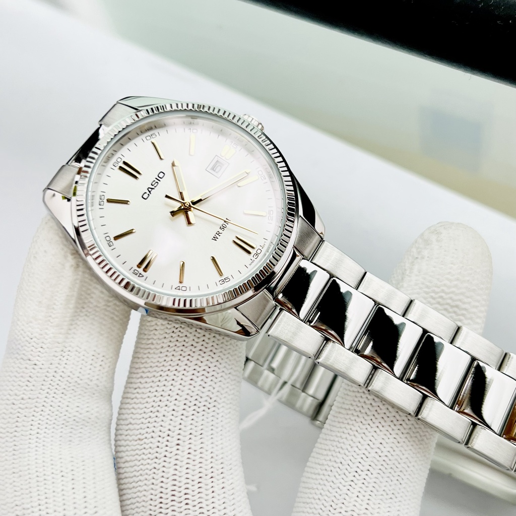 Đồng hồ đôi đẹp dây thép Casio 1302D Mặt trắng - Kính khoáng - Chống nước 5ATM Bảo hành 1 năm Hyma watch