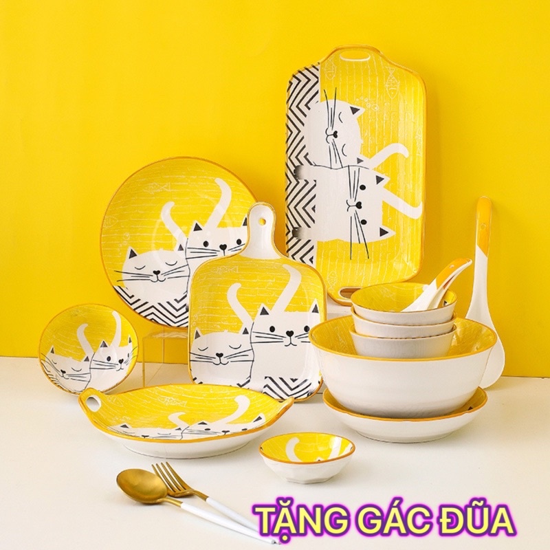 Bộ Chén Dĩa SứTẶNG GÁC ĐŨABát Ăn Cơm Đĩa Sứ Dễ Thương Cute Bát Đĩa Mèo Vàng Decor Cao Cấp (set 14 sản phẩm)