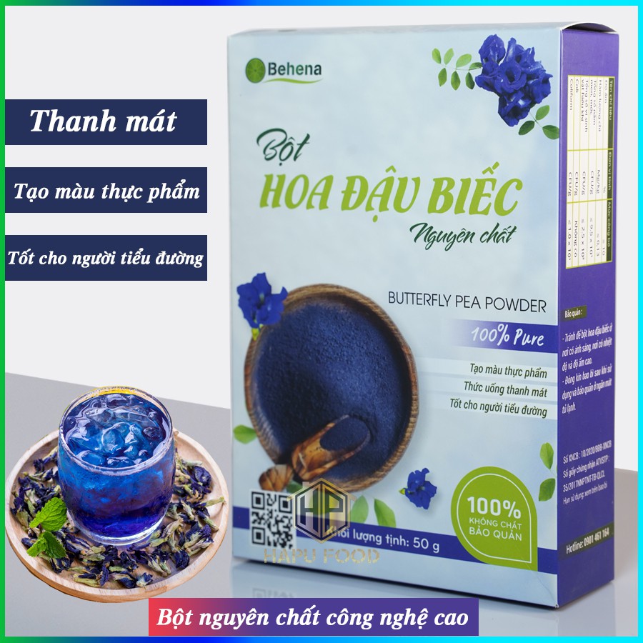 Bột hoa đậu biếc Behena thanh mát - Tạo màu thực phẩm hộp 50g - HapuFood