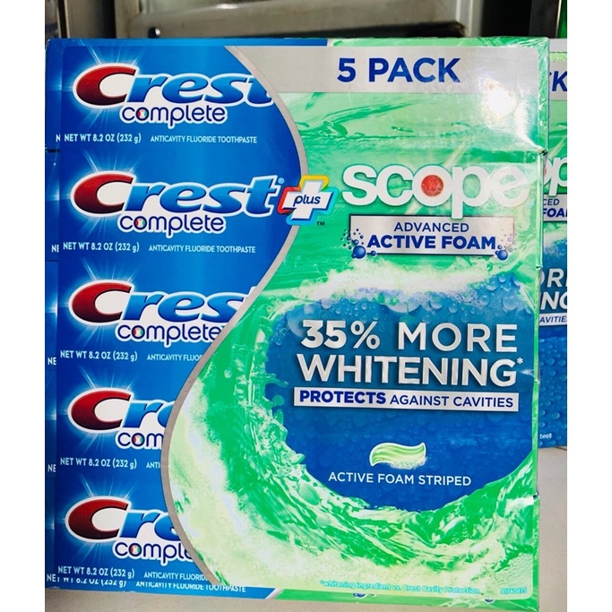 [lốc 5 cây Kem Đánh Răng Crest Complete Extra Whitening+ Scope Advanced Freshness Mỹ 232g