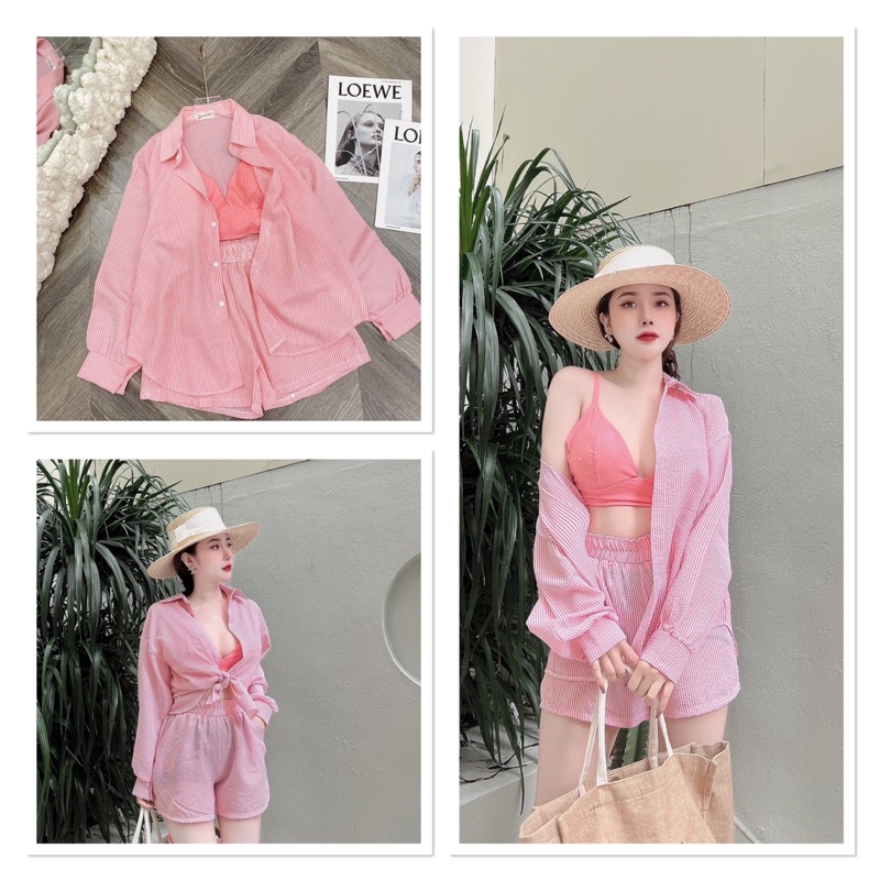 Set bộ sơ mi kẻ xốp kèm áo bra/ set 3 món ALOHASHOP91