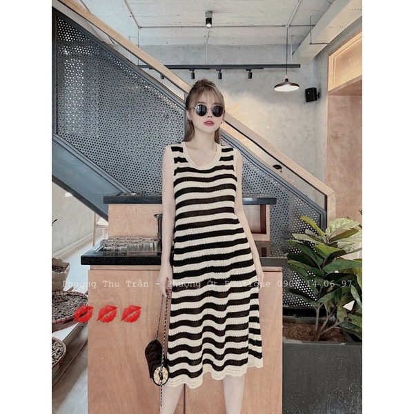 Váy Len kẻ ngang sát nách dáng maxi