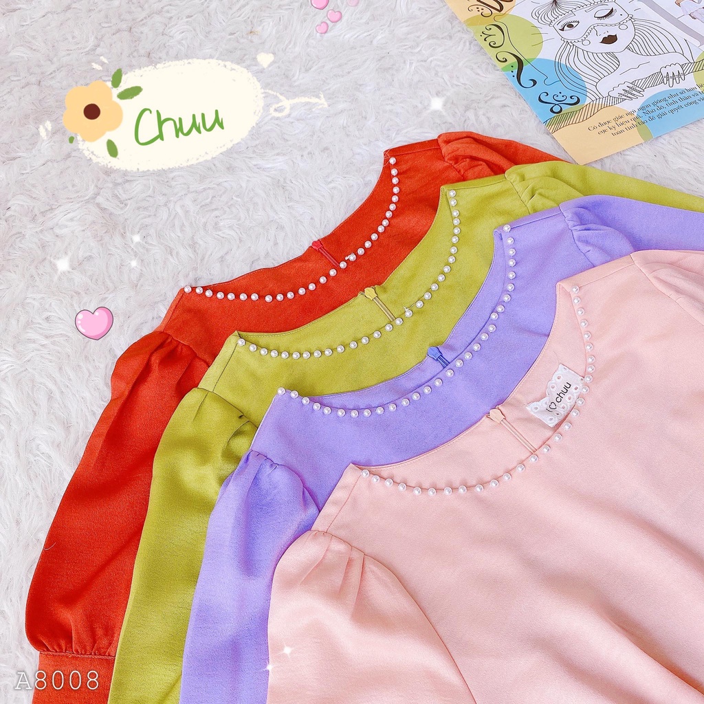 Áo Peplum cổ tròn đính ngọc kiểu eo cột nơ giấu bụng tay phồng CHUU A8008