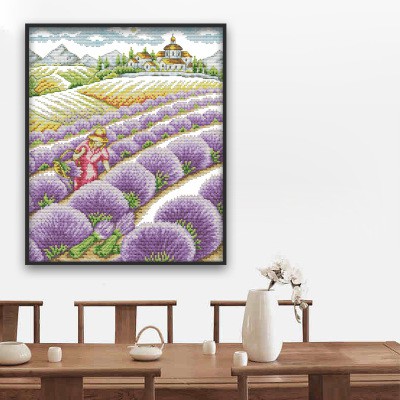 Tranh thêu chữ thập Cánh đồng hoa oải hương Lavender field (2) F643 (tranh chưa thêu)