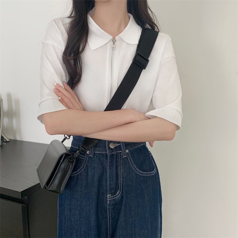 Áo Thun polo Màu Đen Tay Ngắn Có Khóa Kéo Thời Trang Cho Nữ