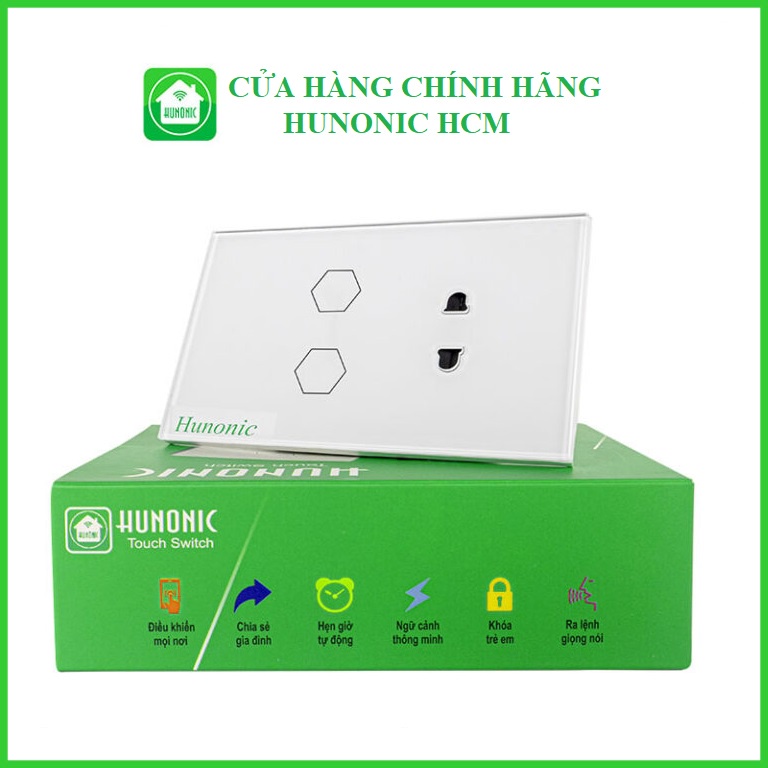 Công tắc thông minh 2 nút kèm ổ cắm Hunonic, nút cảm ứng, điều khiển từ xa qua điện thoại