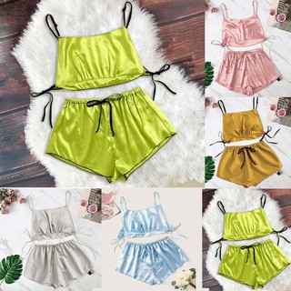 Bộ đồ ngủ lụa satin phối nơ cho nữ