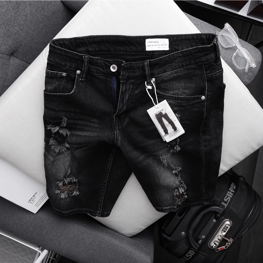 Quần short jean nam VNXK màu đen wash ống suông cơ bản jean co giãn