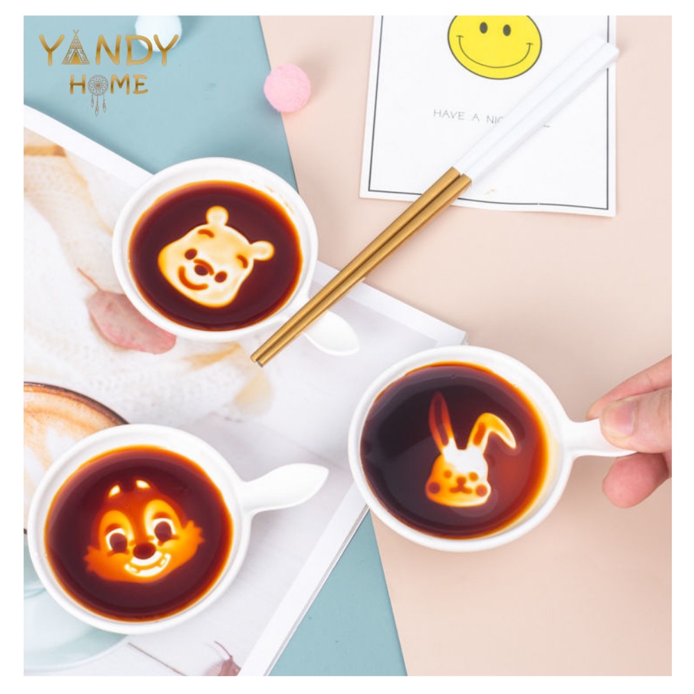 Đĩa nước chấm gốm sứ YANDY HOME D05 men bóng đẹp cute hình Pooh Micky Stich Sóc Thỏ