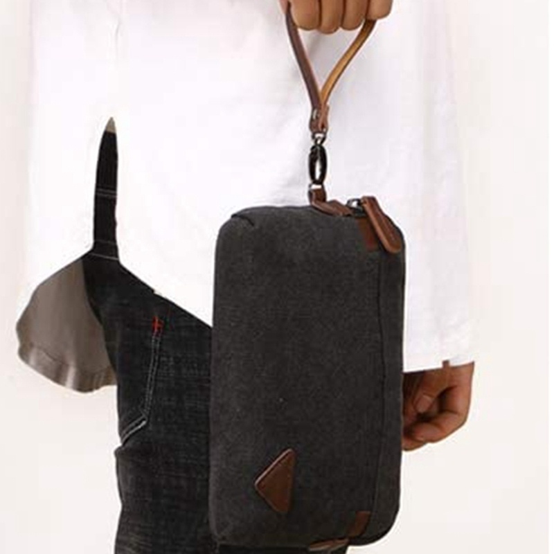 Ví cầm tay bằng vải canvas cỡ lớn có khóa kéo và dây đeo bằng da màu đen thời trang cho nam