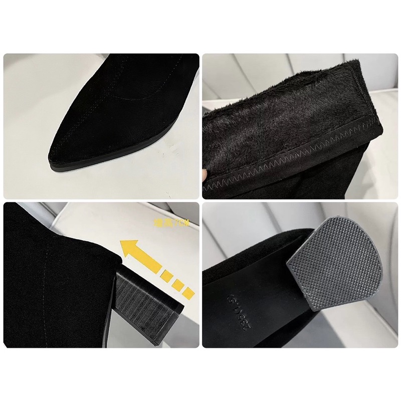 Bốt đùi da nữ lót lông YIMI gót vuông 7 phân không có khóa kéo