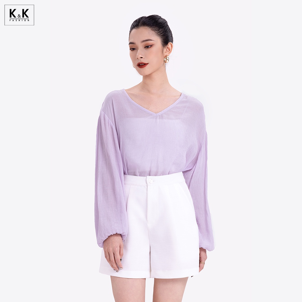 Áo Kiểu Cổ Tim K&amp;K Fashion ASM08-25 Tay Dài Chất Liệu Xốp Gân