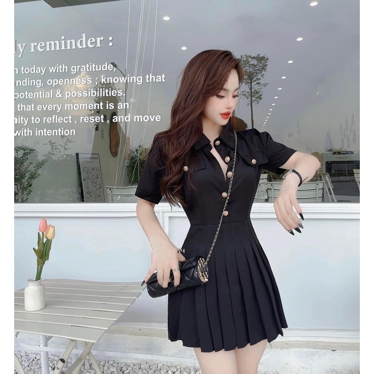 JUM CỔ SƠ MI ĐÍNH NÚT CHÂN XẾP LY