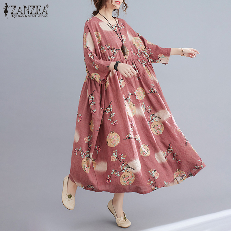 Đầm Maxi Retro ZANZEA Tay Dài In Họa Tiết Vintage Cho Nữ Mặc Thường Ngày