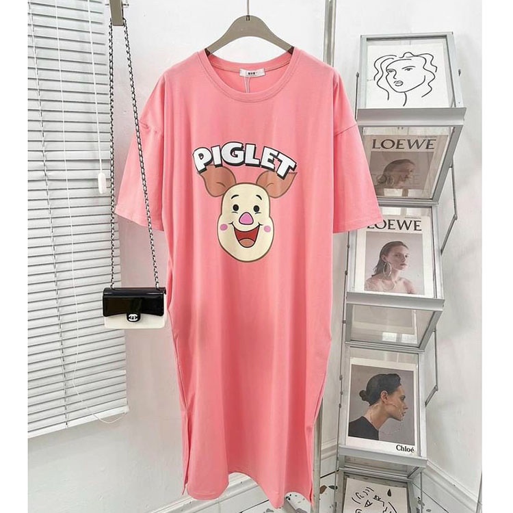 Đầm thun suông form to hình heo piglet Váy cotton cổ tròn ngắn tay dáng suông