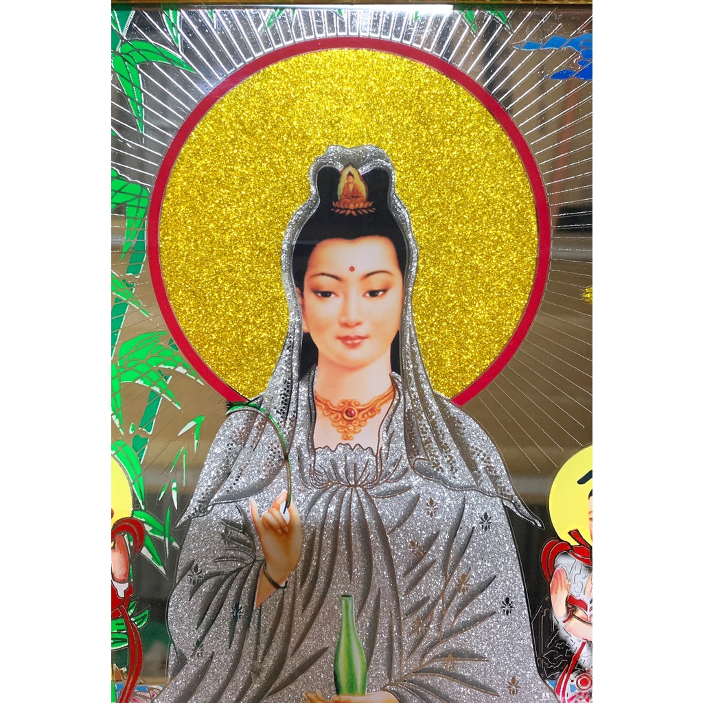 Tranh Kiếng Quan Âm ngồi đài sen - có hầu và không hầu - Nền Gương - Khung gỗ - cao từ 29cm tới 40cm