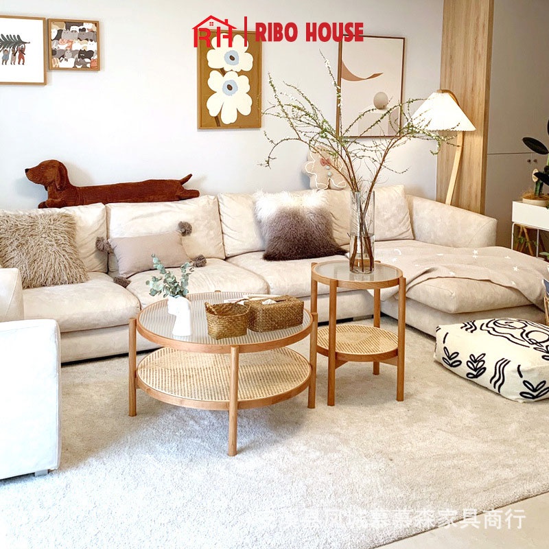 Bàn uống nước mặt kính RIBO HOUSE khung viền gồi sồi bàn trà 2 tầng trang trí phòng khách RIBO203