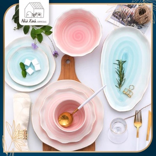Bát đĩa sứ cao cấp, Bát đĩa xoắn ốc màu Hồng, xanh pastel 8.10