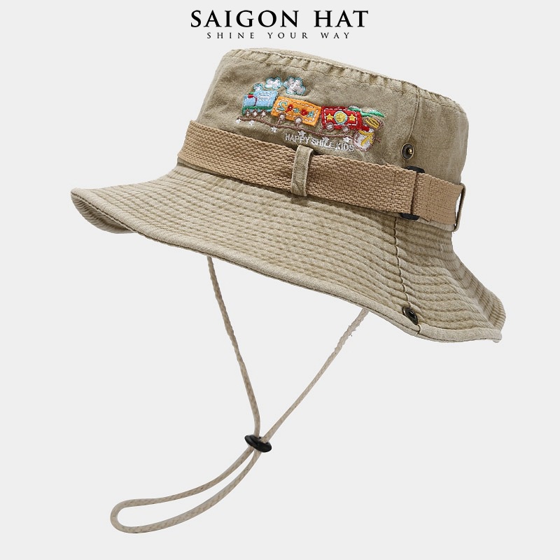 Nón bucket nữ có dây rút nón tai bèo nữ rộng vành nút bấm cao bồi năng động chất jean thêu hình dễ thương SAIGON HAT