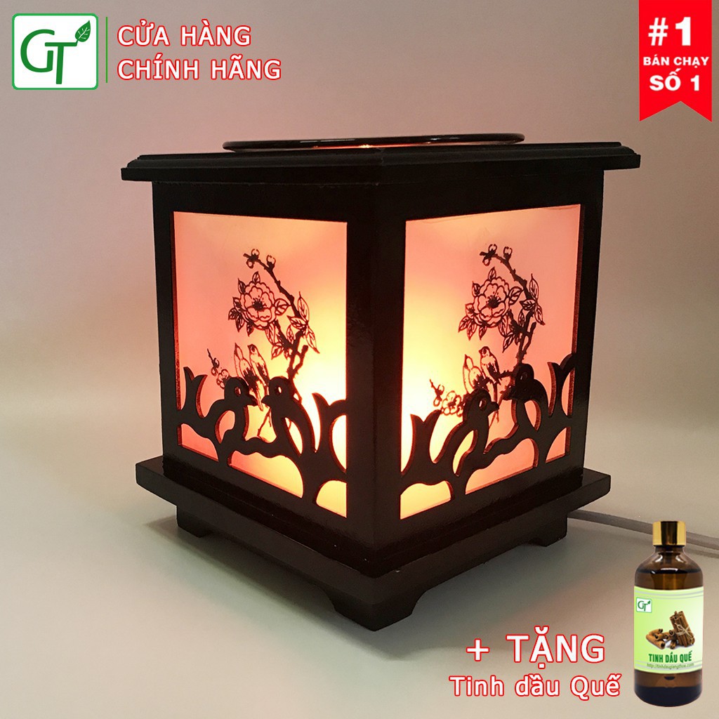 đèn tinh dầu gỗ FREESHIP Đèn Xông Tinh Dầu Gỗ Vuông Con Chim + Tặng Tinh Dầu Quế 10ml + Tặng bóng dự phòng