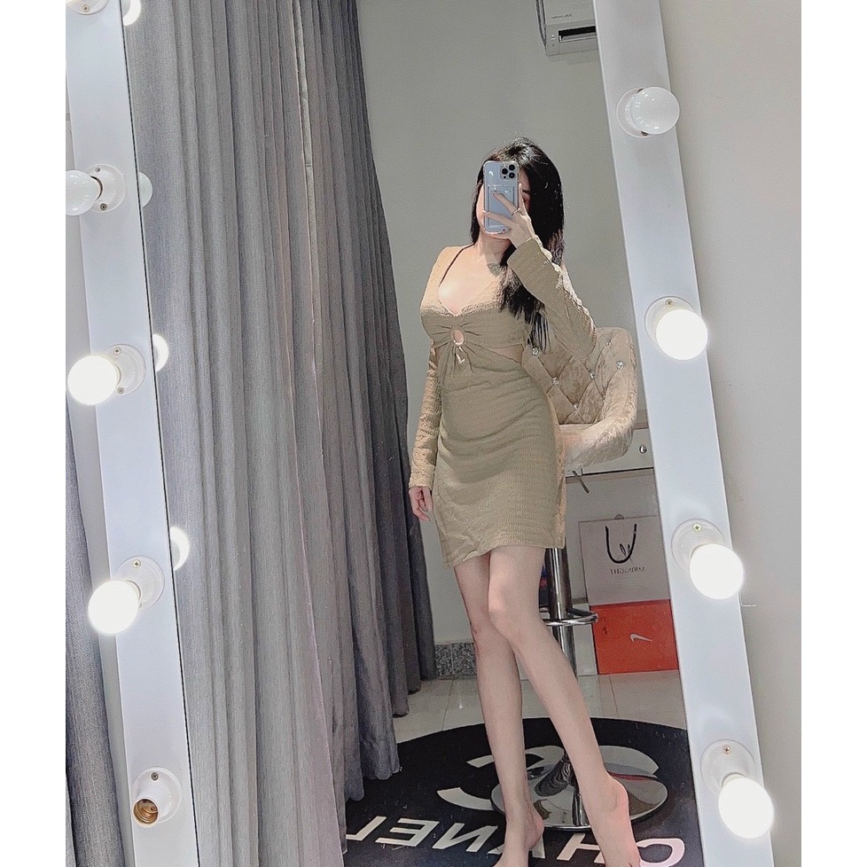 Đầm cố V chất thun xốp loại đẹp tay dài khoét eo khoen ngực sexy