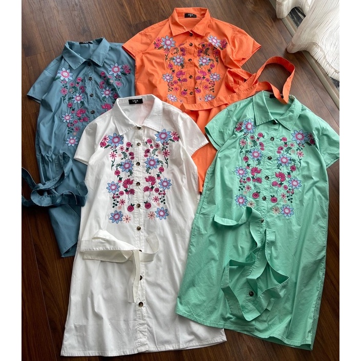 Đầm thêu hoa dáng suông chất cotton thô. Hình thật shop chụp cận vải
