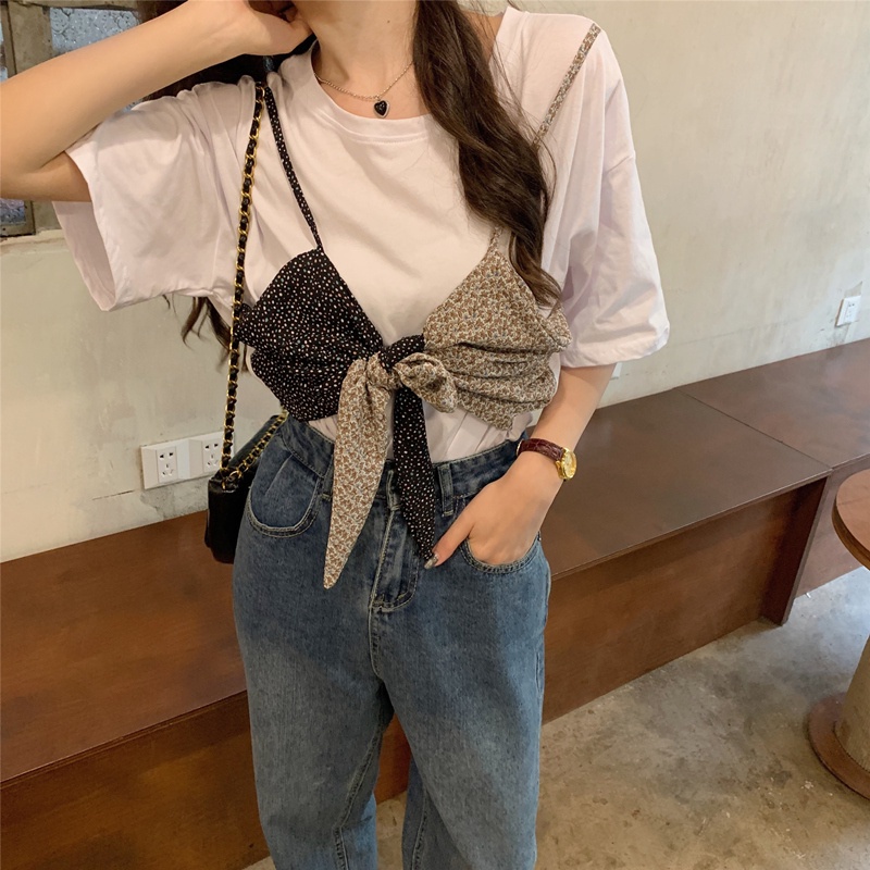 SUXI Áo Thun Ngắn Tay Cổ Tròn Phối Nơ Màu Tương Phản Thời Trang Dành Cho Nữ