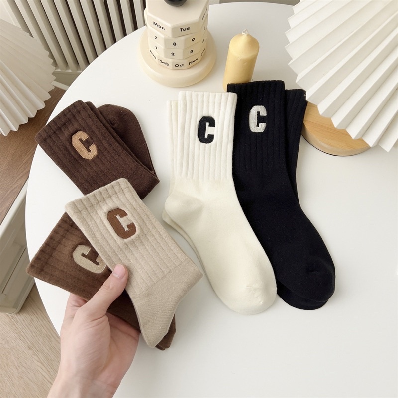 TCC4 - Tất vớ cao cổ chữ C thêu nhiều màu phong cách Hàn Quốc