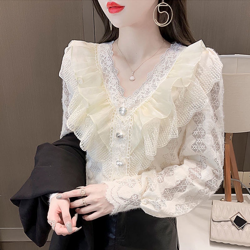 Áo sơ mi voan phối bèo thời trang xuân thu mới 2021 cho nữ