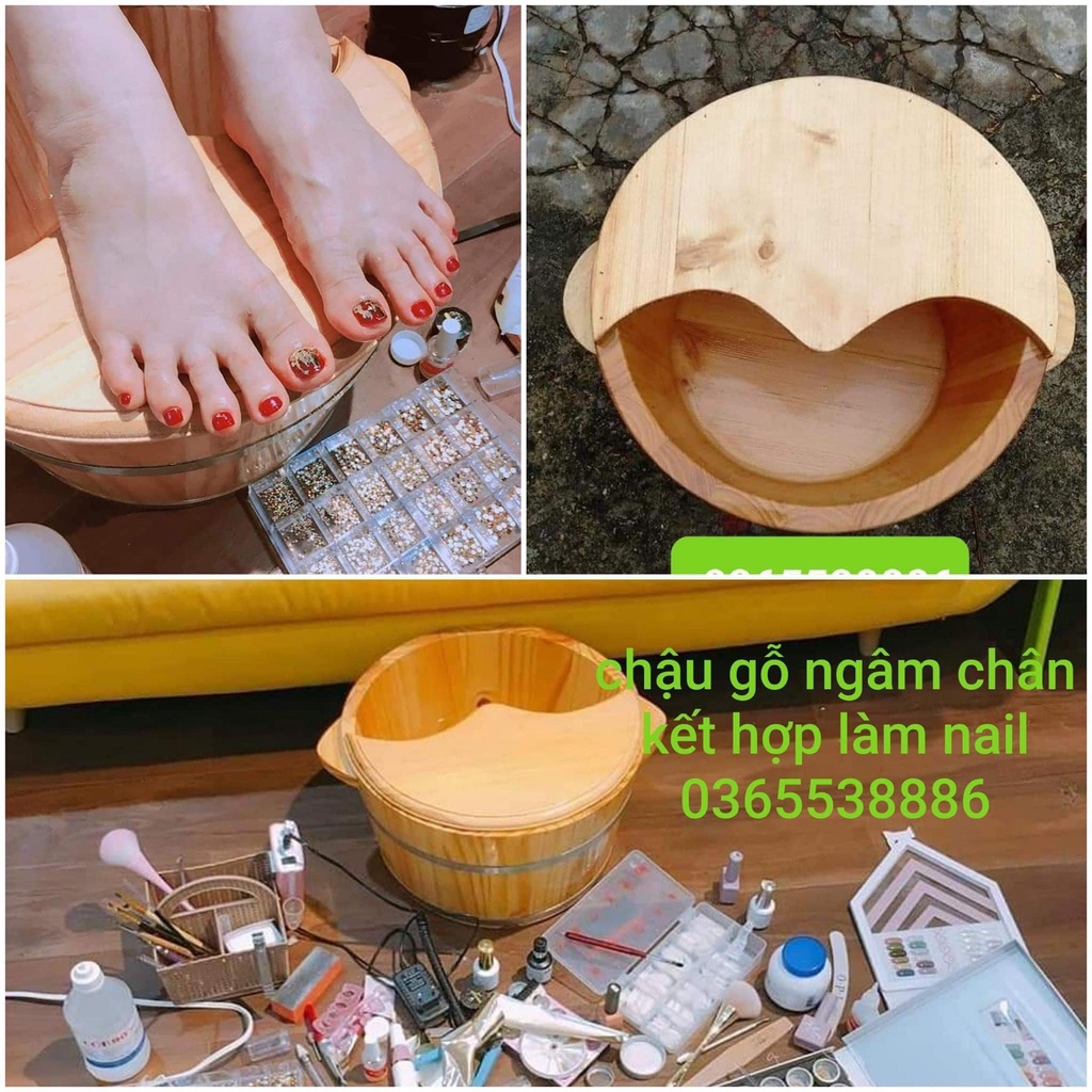 Chậu Gỗ/ Bồn Ngâm Chân Có Nắp Gác Chân Làm Nail