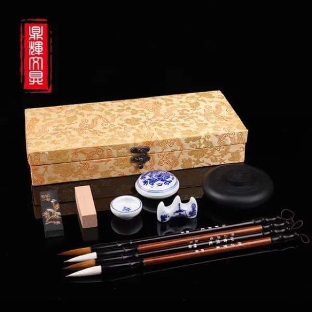 Văn phòng tứ bảo gấm vàng viết thư pháp, viết chữ Hán, chữ Trung Quốc - Nghiên mực, triện gỗ...