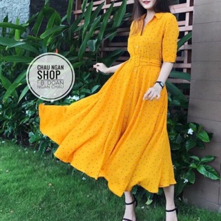 ✨HOT✨ Đầm maxi cổ sơmi chấm bi kèm belt