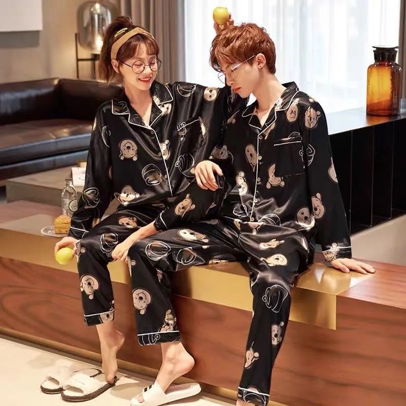 Đồ ngủ & Đồ mặc nhà┅♧Cặp đôi pyjama nữ mùa xuân và thu băng lụa cỡ lớn phục vụ nam giới ở nhà dài tay hè mỏng t