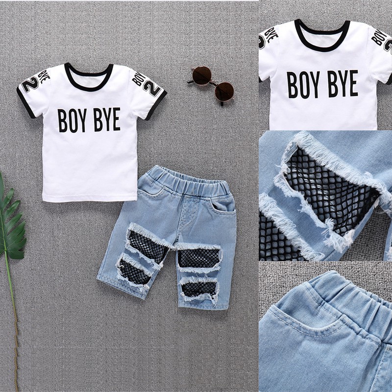Mikrdoo Baby Boy Clothes Set Kid Toddler Summer Suit Cotton Short Sleeve Top + Denim Pant 2PCS Outfit