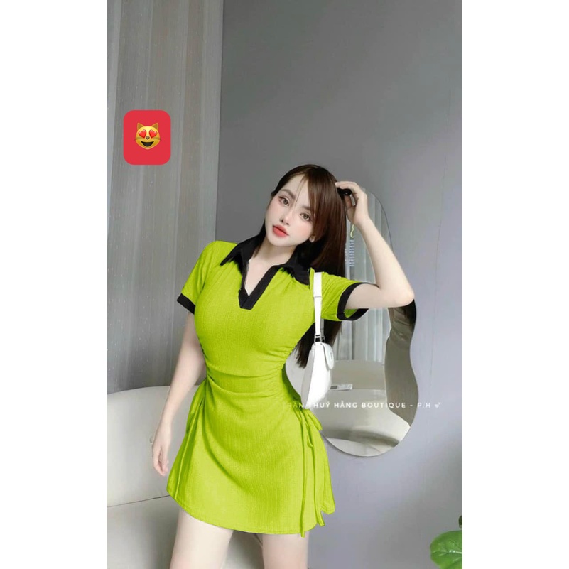 Đầm polo màu cổ khoét vai rút dây 2 bên eo dáng xòe nhẹ cực xinh , chất thun gân dày dặn