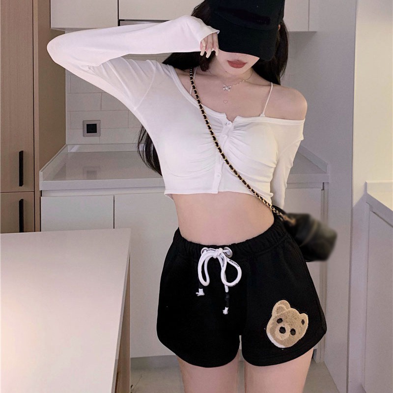 Quần Short Thể Thao Lưng Cao Dây Rút In Họa Tiết Gấu Hoạt Hình Dễ Thương Phong Cách Hàn Quốc Cho Nữ