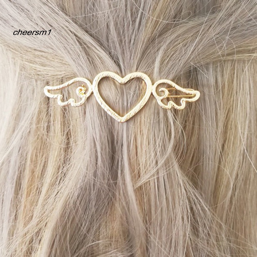 Kẹp tóc kim loại dạng  trái tim và cánh thiên thần rỗng dễ thương cho nữ