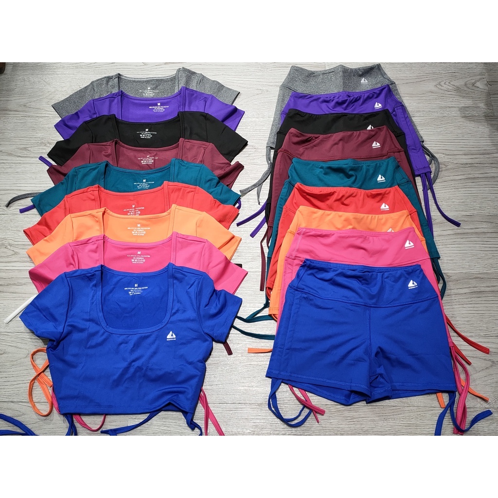 Đồ tâp gym nữ, set bộ đùi thể thao tập gym yoga nữ áo crop dây rút quần đùi cạp cao Bin Sports BN028-1
