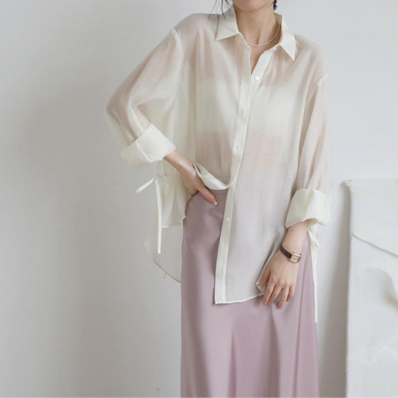 Áo sơ mi IELGY mỏng nhẹ màu trơn xuyên thấu chống nắng dành cho nữ