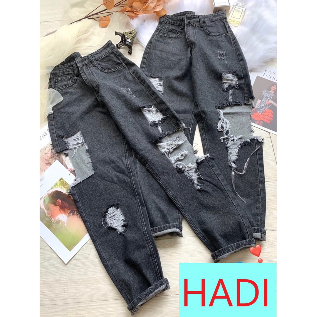 [ FREESHIP ] QUẦN BAGGY JEAN NỮ LƯNG CAO MÀU XÁM ĐEN RÁCH TE TUA CAO CẤP HADI-NL137 ĐEN