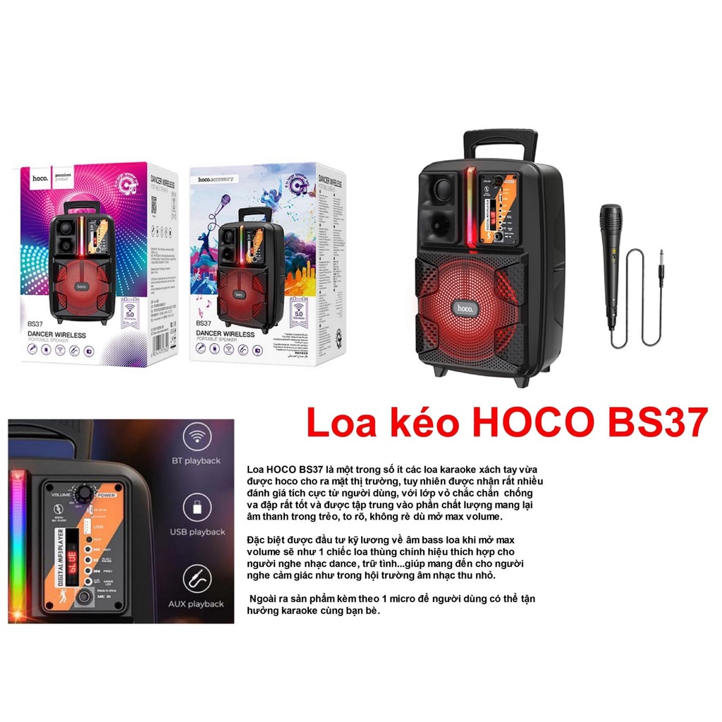 Loa Bluetooth đa năng HOCO BS37 Dancer Kèm 1 Mic Karaoke BT V5.0, pin 1800mAh, cho 3 giờ nghe nhạc, màu đen