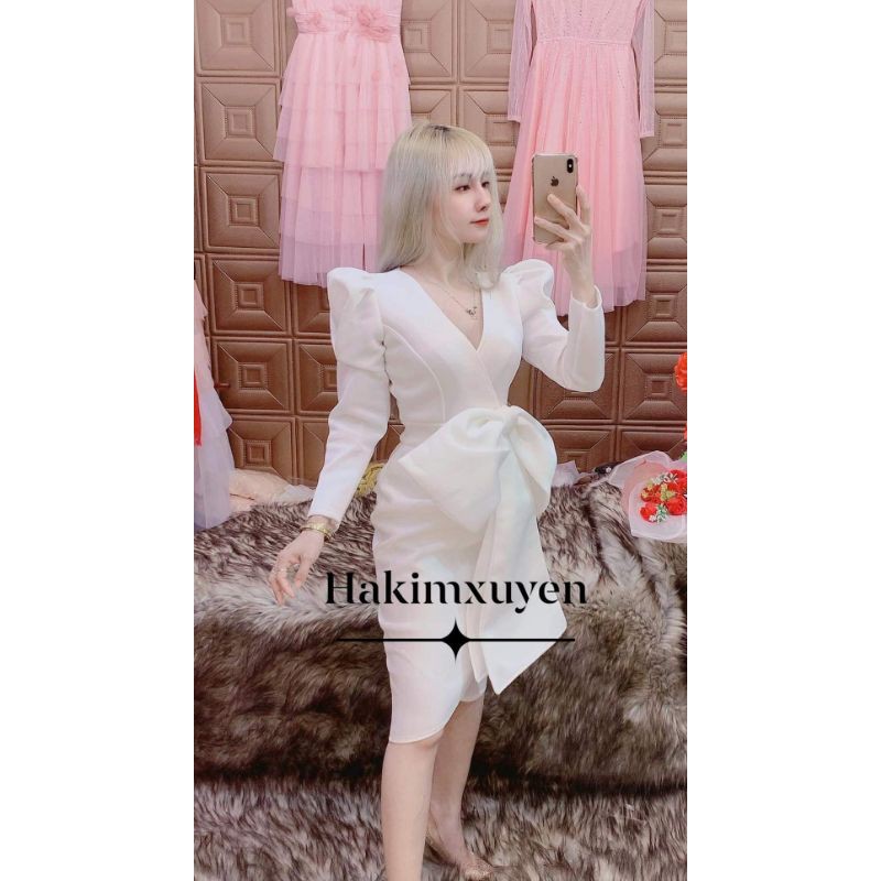 Đầm du tiêc body tay dài vat xéo nơ to  anh thât