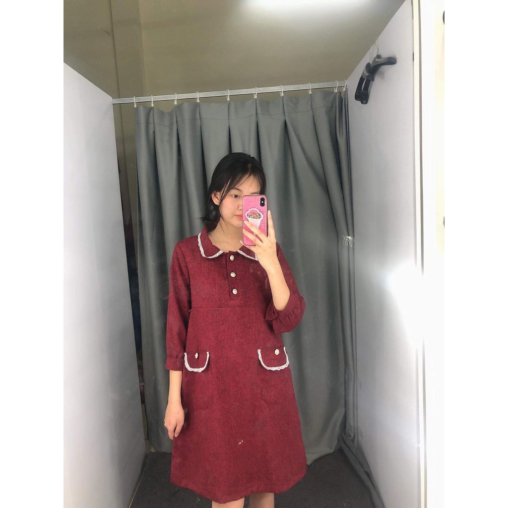 Váy bầu bigsize - Đầm bầu thiết kế GuMe Dạ Đỏ Phối Viền Ren size từ 40-100kg MB199 - ảnh thật