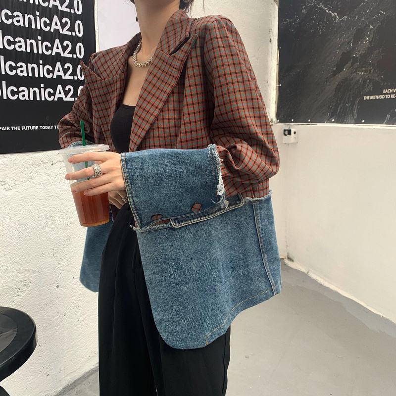 IELGY     Áo Khoác denim Dáng Rộng Phối Màu Sắc Tương Phản Thời Trang Cho Nữ
