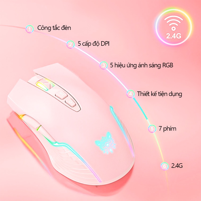 Chuột chơi game bluetooth không dây có thể sạc lại ONIKUMA CW905 màu hồng với đèn RGB, có thể điều chỉnh DPI 5 tốc độ