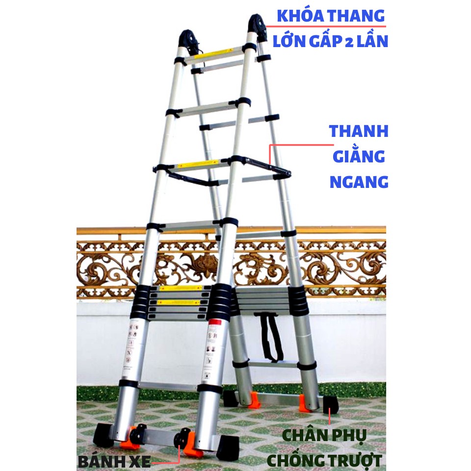 Thang Nhôm Rút Chữ A Đa Năng 7,6m (3.8M+ 3.8M) - Có Bánh Xe - Chính Hãng - Bảo hành 18 Tháng