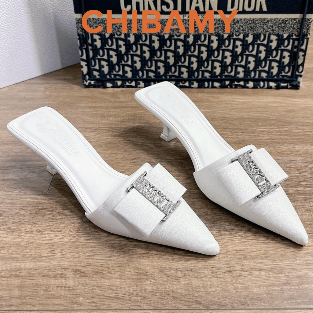 Giày Sục cao gót nữ Doir mũi nhọn 5cm đính nơ da CHIBAMY Sang Chảnh