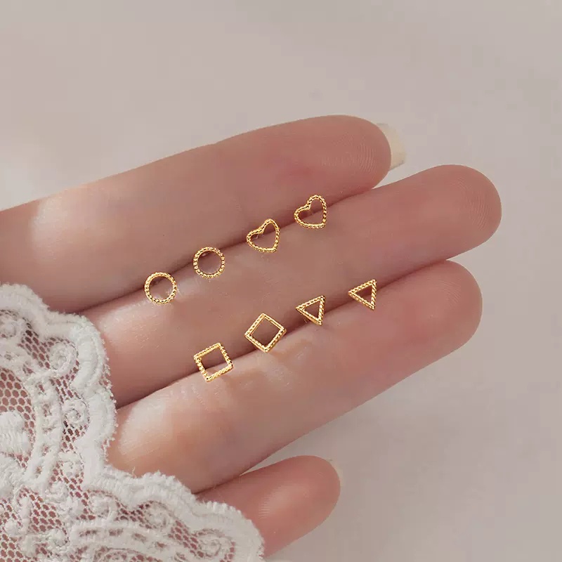 1 Cặp Bông Tai Hình Học Vuông / Tam Giác / Trái Tim Màu Vàng 14K Chống Dị Ứng Phong Cách Hàn Quốc Thời Trang Cho Nữ